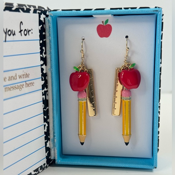 Betsey Johnson Back to School NotebkGold Tone Ruler Pencil W/Apple Earrings NIB - Picture 4 of 15